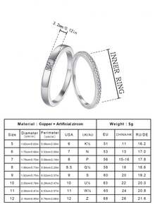 2pcs Elegant Cubic Zirconia Couple Rings Set, Versatile For Party & Daily Wear, Copper Material, Non-Fading & Hypoallergenic, Ideal Gift - Silver - View 5
