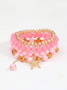 4pcs/Set Fashionable Bohemian Ocean Beach Style Starfish Pendant Multi-Layer Beaded Asymmetrical Bracelet Set