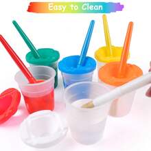 10个带彩色盖和画笔的防溢颜料杯，适合儿童使用，防溢画笔清洗杯，幼儿绘画颜料杯，美术工艺用品，丙烯颜料，水彩颜料 - 彩色 - 查看 8