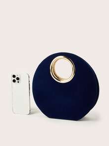 Navy Blue Women's Evening Bag, Fashion Elegant Metallic Handle, Velvet Round Clutch, Suitable For Evening Gown, Weddings, Galas, Parties, Includes Detachable Chain Strap - Navy Blue - View 3