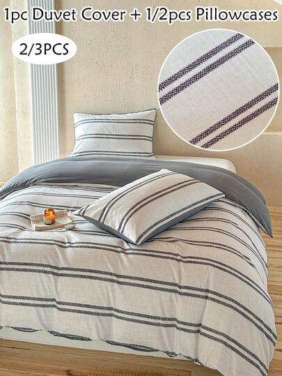 Juego de funda nórdica a rayas grises con estampado digital, 2/3 piezas, juego de ropa de cama minimalista para todas las estaciones, funda nórdica suave y transpirable, se ajusta a cama individual/matrimonio/queen/king (1 funda nórdica + 1/2 fundas de almohada, edredón no incluido)