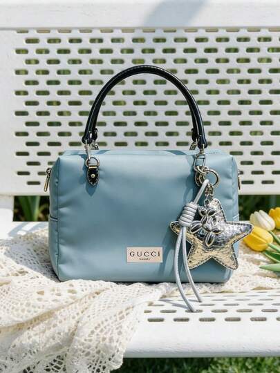 Gucci 1pc Satin Travel Makeup Bag With Handle & Star Pendant, Portable Cosmetic Organizer Handbag, Women's Blue Satin Travel Makeup Bag With Handle & Star Pendant, Easily Stores Lipstick/Keys/Cosmetics/Card Holder, Portable Cosmetic Organizer Bag