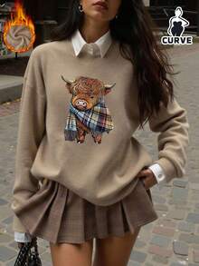 Imprimé vache, top décontracté mode grande taille pour femmes en fausse laine chaude, vêtements d'automne pour femmes, vêtements chauds, vêtements pour temps froid, top d'extérieur, top d'hiver pour femmes, vêtements d'automne pour femmes, tenue d'automne pour femmes, vêtements d'hiver pour femmes, pulls pour femmes - Camel - Voir 2