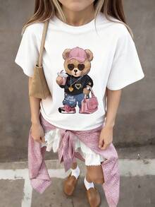 Valentine's Day Casual Printed Round Neck Short Sleeve T-Shirt, Tote Bag And Teddy Bear Pattern Inspire Imagination And Self-Expression, Summer Student And Children Clothing - White - View 2