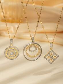 Gold & Silver Geometric Pendant Necklace - Greek Key/Rotating Circle/Diamond Rhinestone Jewelry, Suitable For Elegant Casual/Daily Wear - Gold - View 6