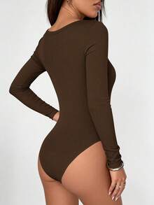 Women Spring Bodysuits For Long Sleeve Shirts Fitted Basic Ribbed Layering Bodys Tops Fall Fashion Winter Clothes Brown Vacation Rompers Outfits For Women - Brown - View 2