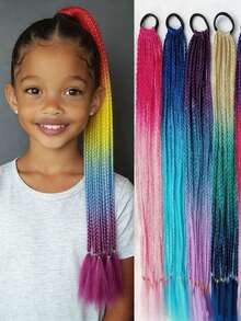 1pc 22" Rainbow Colored Braided Ponytail Wig With Elastic Band, Suitable For Girls