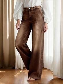 Quần jeans nữ cỡ lớn cạp cao ống rộng màu xanh dương, kiểu dáng thoải mái, ống đứng, thích hợp cho mùa thu/đông/xuân. - Cà phê nâu - Xem 6