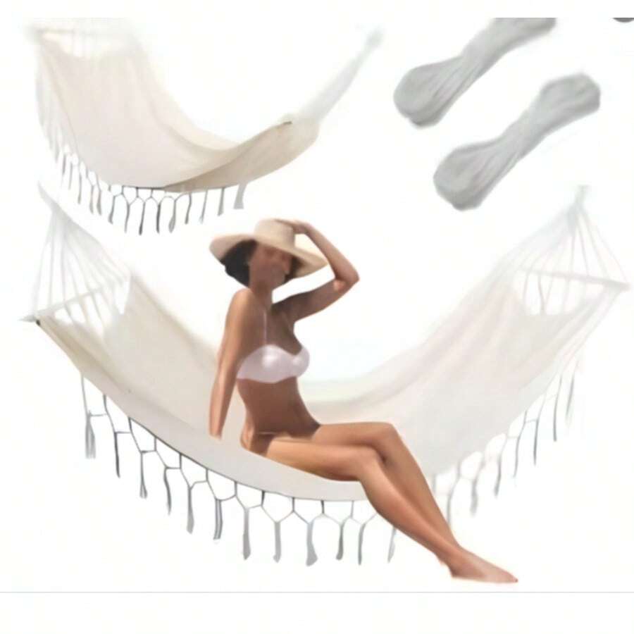 Hamaca Blanca Con Flecos 100x200x280cm Para Jardín Y Exterio - Blanco - Ver 1