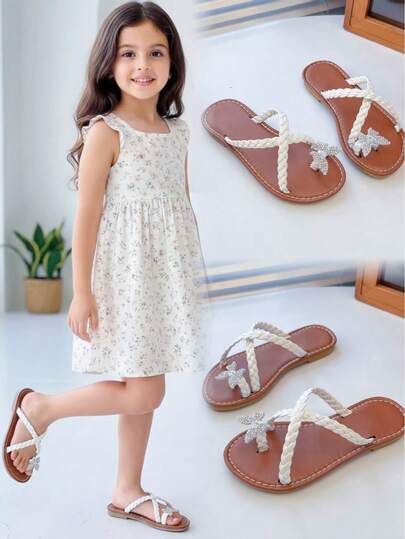 1 par de sandalias de suela de PU suave y antideslizante con decoración de lazo de brillo tejido blanco, adecuadas para niñas de 3 a 15 años para uso diario, fiesta, viaje, compras, nuevas llegadas primavera/verano 2026