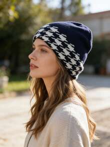 1顶千鸟格提花针织帽，百搭休闲街头风，适合春、秋、冬三季，男女皆宜，多种颜色可选，情人节好礼 - 半千鳥格針織帽 - 查看 14
