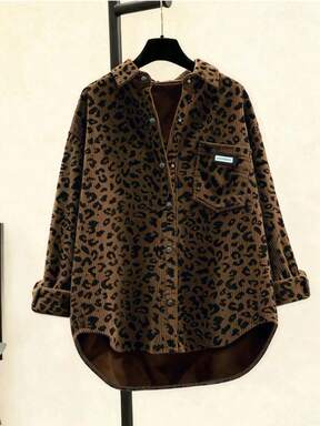 Women's Leopard Print Corduroy Button Front Pocket Long Sleeve Shirt