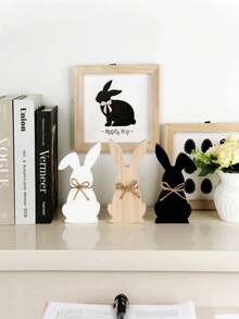 3件套复活节家居装饰，复活节兔子木质桌面摆件，三层托盘农舍风格装饰，礼品，黑色，复活节家居装饰，春季装饰，生日派对装饰，白色，原木色 - 彩色 - 查看 5