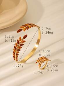 Gold-Tone Turquoise Enamel Leaf Jewelry Set - Bracelet And Open Ring With Natural Wheat Sprig Design, Suitable For Casual/Weekend Picnic Outfits - Bracelet Ring Set - View 3