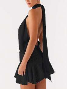 Women's Pleated Waist Sheer Mesh Ruffle Mini Dress Summer Casual Halter Neck High Neck Bodycon Short Dress Self-Tie Backless Sundress Party Clubwear - 深色水洗藍 - 查看 5