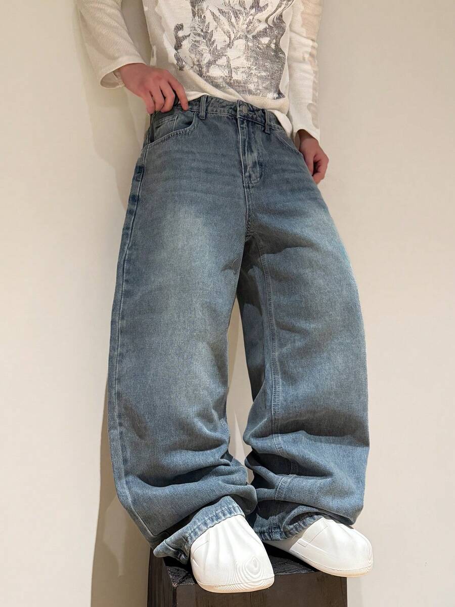 1pc Hearty Haven Casual Loose Fit American Street Style Men's Denim - Baby Blue - View 1