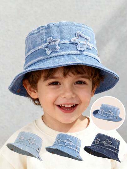 1顶幼儿/儿童做旧星形贴片防紫外线Y2K牛仔布渔夫帽，适合春夏户外活动
