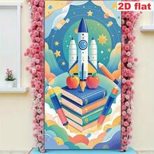 2D Flat 2D Door Banner, 1 Pc Polyester Material, Back-To-School Themed Party Banner, Featuring Rocket And Book/Pencil Design Elements. Suitable For Front Doors, Indoor/Outdoor Decoration, Photography, And Back-To-School Celebrations. No Power Required. 2D Flat Design. - 1PCS - View 6