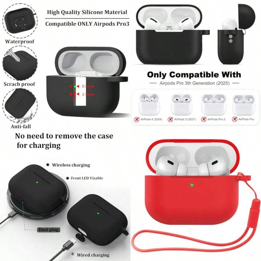 MOIHSING For AirPods Pro 3 Case Soft Silicone Protective Skin Cover Compatible With AirPods Pro Case 3rd Generation 2025 Compatible MagSafe Full Drop Protection Cover With Lanyard Red - Red - View 1