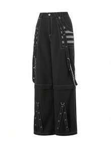 Jeans cargo de mujer, pantalones casuales sueltos con cierre de botón y cremallera a rayas, con bolsillos, estilo urbano - negro puro - Ver 6