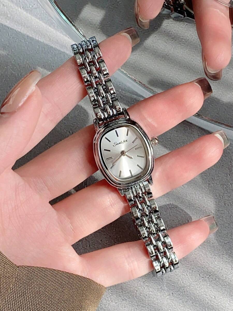 1件橢圓形復古風金色竹節錶帶石英女錶,優雅精緻,適合日常佩戴、生日禮物、派對 - 銀色 - 查看 1