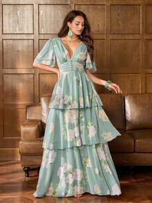 Faeriesty Đầm maxi nữ thanh lịch cổ chữ V sâu tay bồng: Đầm in hoa lãng mạn với tay chuông xếp ly, thiết kế cài nút ở eo, dáng chữ A xếp tầng và lưng hở - Hoàn hảo cho chụp ảnh cưới, dự tiệc cưới ngoài trời, kỷ niệm ngày cưới, kỳ nghỉ lãng mạn, tiệc tùng trang trọng trong nhà mùa xuân - màu xanh lá - Xem 3