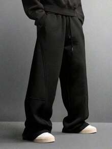 1 Piece Men's Loose Wide Leg Pants, Drawstring Waistband Design Solid Color Loose Sports Pants, 2026 High-End Casual Sports Pants, Comfortable Fiber Fabric, Suitable For Daily Wear And Outdoor Activities. Suitable For All Seasons Pants For Men - 黑色 - 查看 5