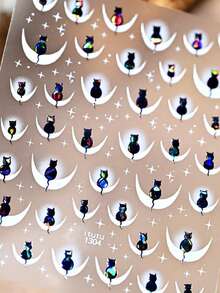 Beautizon Nailartlab Moonlit Black Cat 3D Nail Stickers, Holographic Cat On Crescent Moon Design, Starry Sky Nail Decals For Press-On Nails & Gothic Style Manicures - Multicolor - View 2