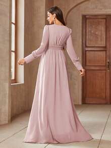 Women's Elegant Long Sleeve V-Neck Pleated Bust A-Line Flare Dress, Woven Fabric Spring - Baby Pink - View 2