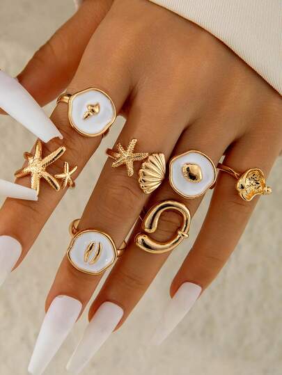 7件套金属合金海洋元素海星贝壳几何开口戒指套装，适合女性，度假及送礼佳品
