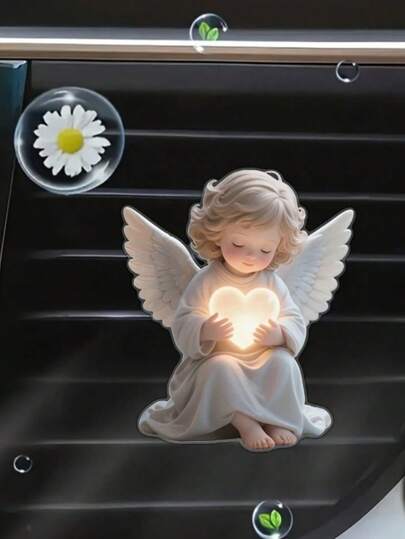 A 2D Angel Holding A Heart-Shaped Car Vent Decorative Clip, A Stylish Car Accessory With An Angel Theme, A Fragrance Diffuser, A Perfect Holiday Gift, To Freshen The Air, A Cute Car Interior Decoration, An Angel-Shaped Car Decoration, A Car Interior Decoration, A Car Accessory (Excluding Air Freshener).