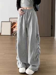 Quần ống rộng dáng suông thắt nơ kiểu Hàn Quốc mùa xuân hè dành cho nữ - Xám - Xem 3