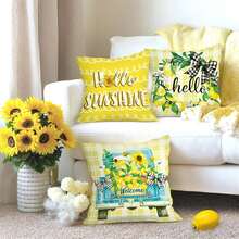 Spring And Summer Lemon Pillowcases 16x16inchs/18x18inchs/20x20inchs, 4-Piece Set, Hello Sunshine Farmhouse Truck Yellow Plaid Cushion Covers, Home Sofa Pillow Covers - Yellow - View 5