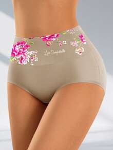 QUASTI 3pcs Women's High Waist Cotton Panties, Tummy Control & Lift, Romantic Floral Print, Comfortable & Breathable, Great Gift Choice - Multicolor - View 3