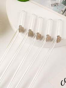 1pc Elegant Pearl Heart Shaped Reusable Transparent Bent Straw, Kitchen Accessory, Cup Essential, Back To School Gift, Valentine's Day Party Favor - Clear - View 4