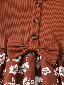 1pc Girls Floral Princess Dress, Ruffled Sleeve Bow Decor Two-Piece Dress, Suitable For 4-8 Years Old, Outdoor, Casual, Party, Holiday Gift, Birthday Gift - Brown - View 5