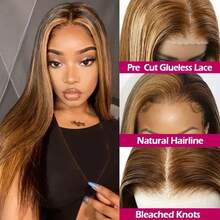 8-34 Inch 13x4 Lace Front Wig Human Frontal Hair Black Wigs Straight Hair 5*5 HD Lace Closure Wig 200% Density Pre Plucked Natural Hairline Blended Hair Wigs Brazilian Straight #P4/27 Highlight Color Glueless Lace Front Wig For Women Party Festival Daily Use - SP4/27 - View 2