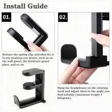 1个通用耳机支架，桌面安装支架，可360度旋转，游戏耳机收纳架，夹式桌下挂钩，带线缆夹，适用于办公室、家庭使用 - 黑色 - 查看 6