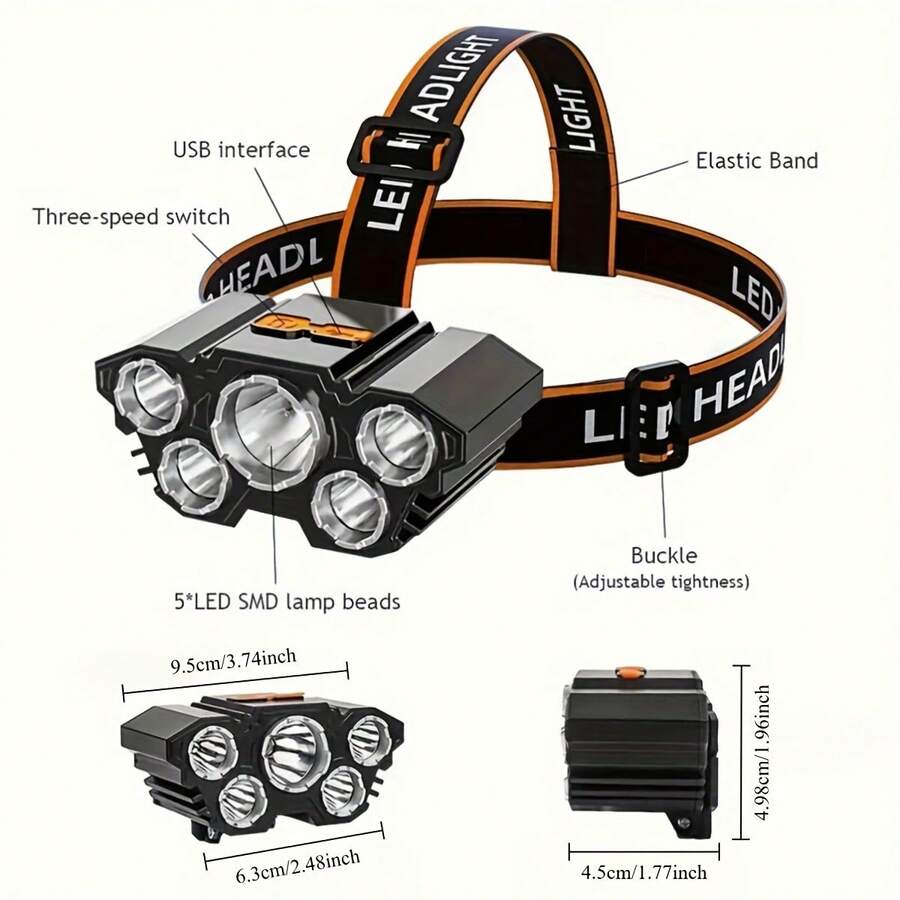 Buy 1 Get 1 Free Rechargeable Headlamp 5 LED Bright Head Lamp Lightweight USB Head Light, 8 Mode Head Flashlight For Outdoor Running Hunting Hiking Camping,A Great Gift For Christmas Day,Holiday Day,Valentine's Day,Galentine's Day,Mother's Day,Father's Day,Graduation Day,Hostess Day,Friendsgiving Day - màu đen - Xem 1