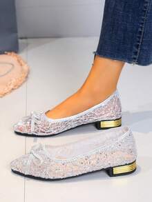 2026春夏新款网面系带女鞋，尖头时尚低帮乐福鞋，女士网面鞋 - 銀色 - 查看 3