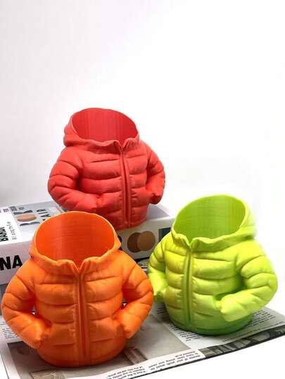 1pc 3D Printed Down Jacket Shaped Pen Holder, Multi-Purpose Desktop Organizer For Stationery, Makeup Brushes, Home/Office Storage, Unique Gift For Students And Office Workers