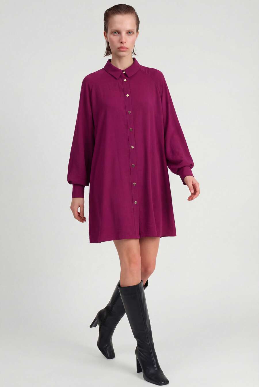 Loose-Fitting Dress With Long Sleeves - Purple - View 1