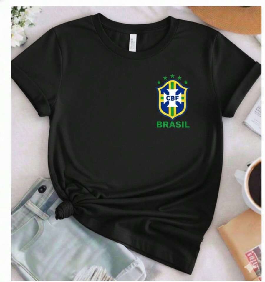 Basic Printed T-Shirt Brazil Coat Of Arms World Cup T-Shirt 100% Cotton Men's And Women's - 黑色 - 查看 1