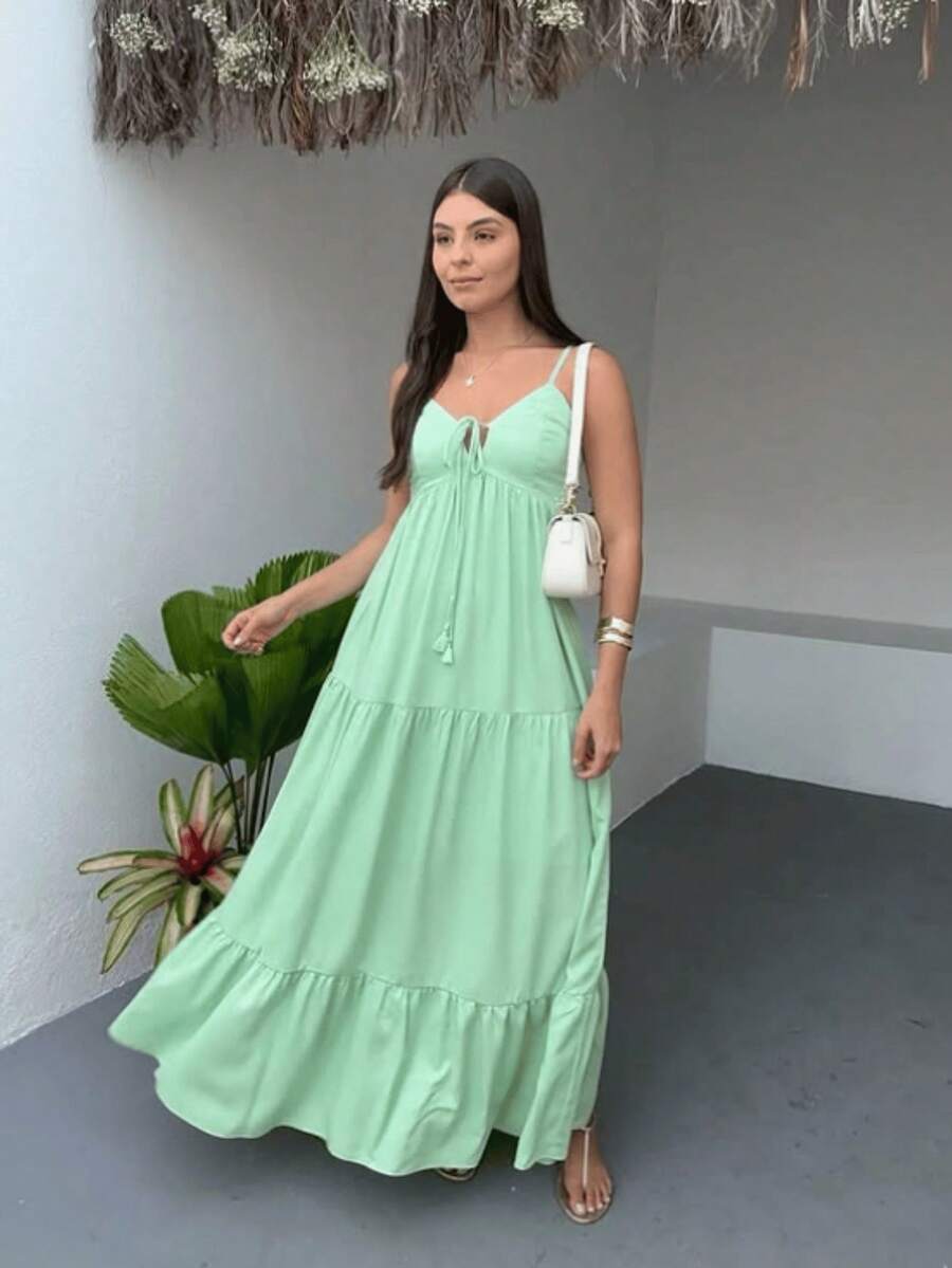 Long Tank Dress With Spaghetti Straps And Ruffles. - Green - View 1