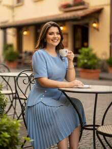 Fabric: Dune Casual Party Elegant Boho Conservative/Modest Pleated Fabric Ruffled Hem Faux Buttons Dresses Elegant And Casual Homecoming Birthday Party Daily Holidays All Seasons - 嬰兒藍 - 查看 1