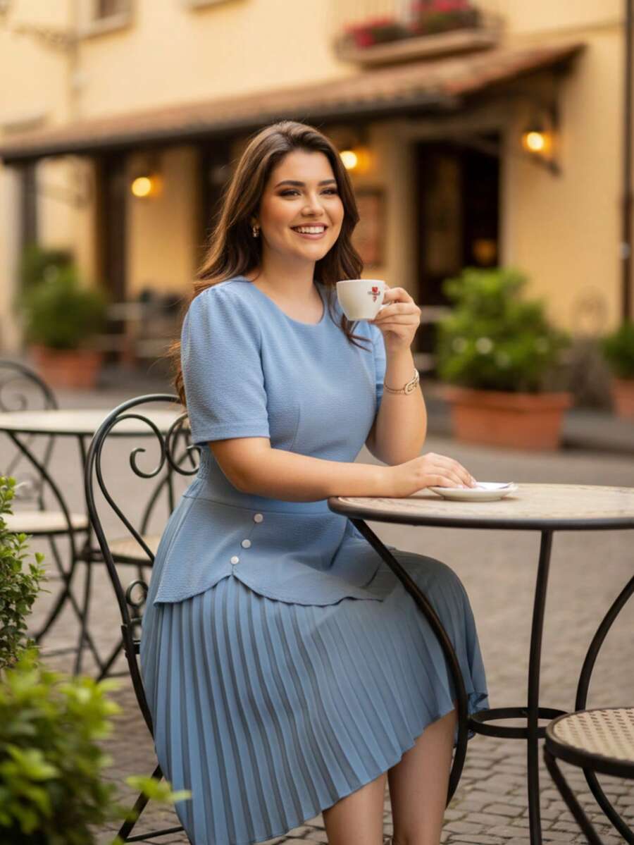 Fabric: Dune Casual Party Elegant Boho Conservative/Modest Pleated Fabric Ruffled Hem Faux Buttons Dresses Elegant And Casual Homecoming Birthday Party Daily Holidays All Seasons - 嬰兒藍 - 查看 1