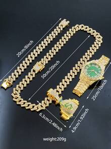 1 Set Fully Rhinestone Money Bag Pendant 15mm Diamond Cuban Link Necklace Bracelet, Men's Green Dial Watch, Hip Hop Style Men Accessory Set