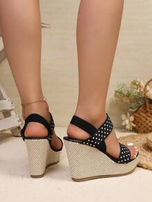 Giày sandal đế xuồng cao gót cho nữ, đế dày, cỡ lớn kiểu châu Âu và Mỹ, sandal cao gót đế dây thừng, kiểu dáng mùa hè giản dị, phù hợp cho bãi biển, kỳ nghỉ và các hoạt động ngoài trời, thiết kế đơn giản. - màu đen - Xem 3