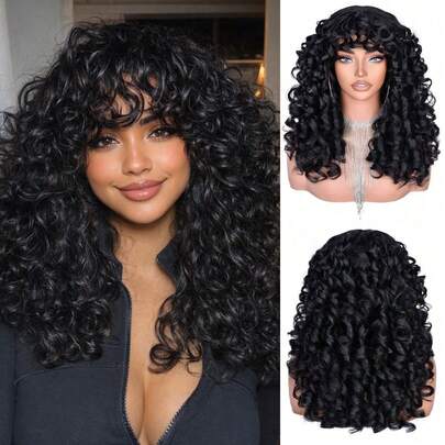 18 Inch Black Curly Wavy Wig, Women's Fluffy Big Curly Wig With Black Bangs, Soft Synthetic Fiber Wig, Christmas Bangs Curly Wig, Natural Stylish Wig, Party Wig