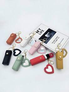 1个创意新款迷你心形镜面口红盒，皮革口红包，钥匙扣挂件，汽车装饰挂件，背包挂饰，时尚钥匙扣挂件，旅行化妆包，零钱包，收纳袋，多功能收纳盒，可装硬币、化妆品、口红、钱包、手提包挂件 - 彩色 - 查看 5